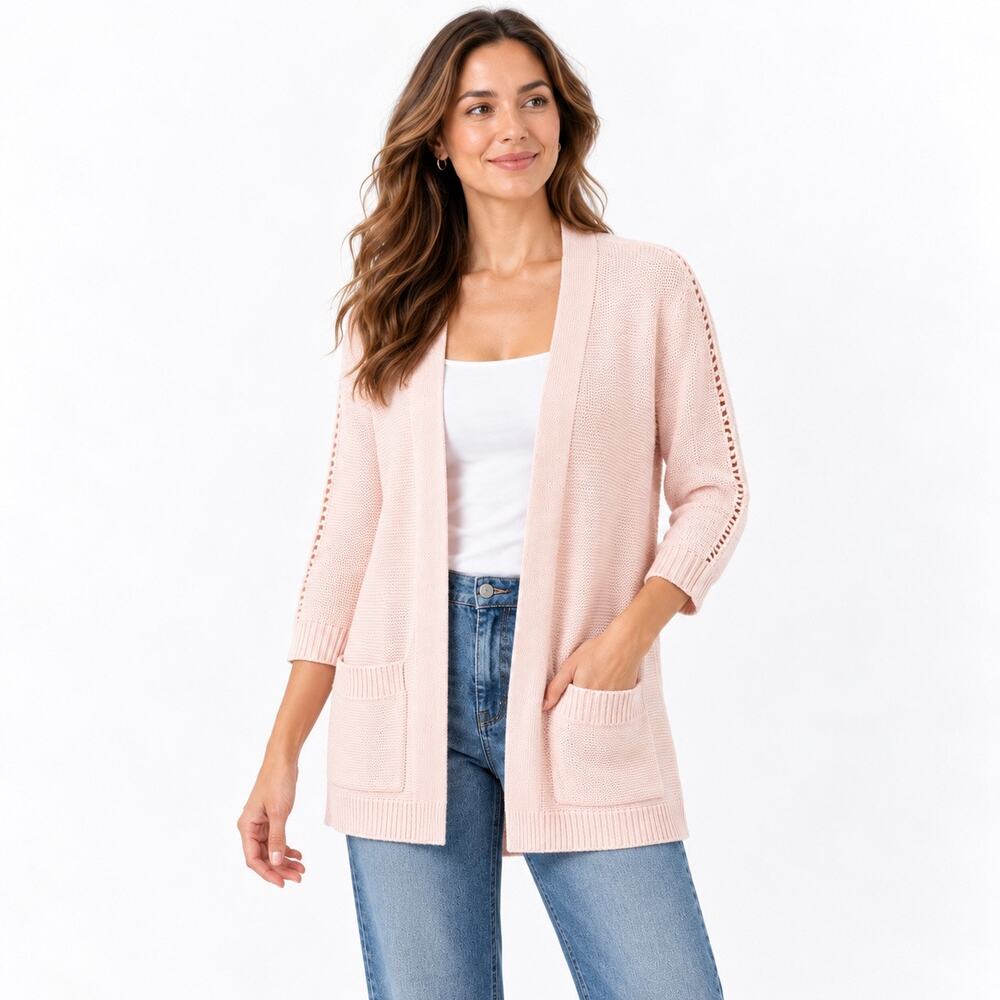 Ann Taylor Factory XL Blush Pink Open Front Long Cardigan Cotton Knit Pockets